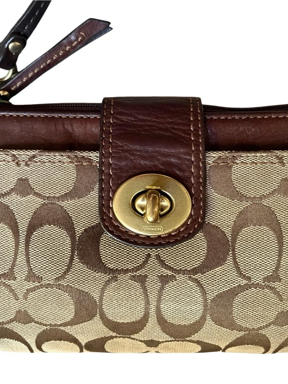 Vintage Coach Signature Brown/Tan Canvas and Leather Turnlock Pouchette Wristlet